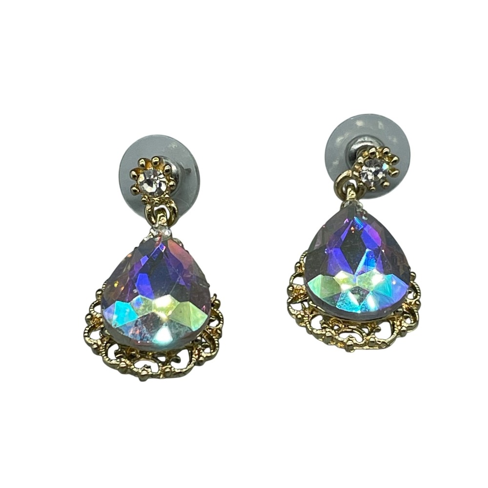 Gold Tone AB Iridescent Crystal Teardrop Filigree Drop Earrings Post Back